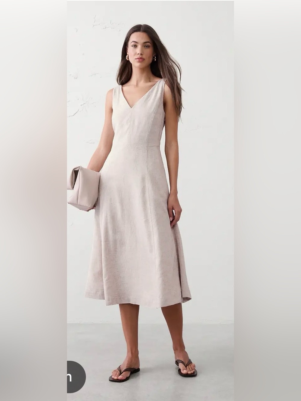 Banana Republic V-Neck Sleeveless A-Line Midi Dress in Light Beige